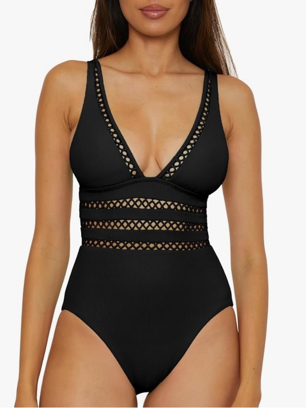 Becca Modern Edge Toni Plunge One Piece Swimsuit Black Ribbed Eyelet Size Large